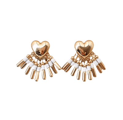 Gold Heart & White Tassel Earrings TLM Edit 